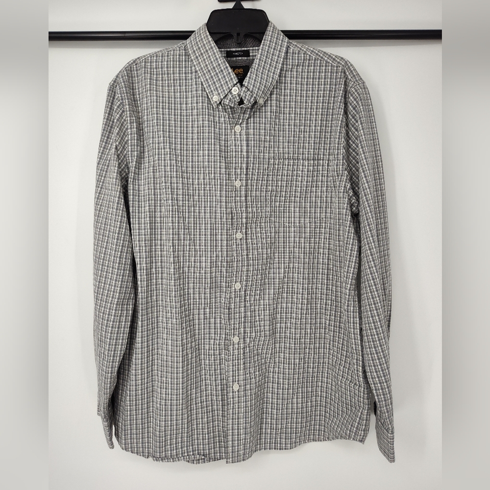 Lee Men's Grey Plaid Button-Down Shirt Size Large